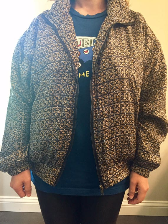 80s silk geometric print bomber jacket // womens s