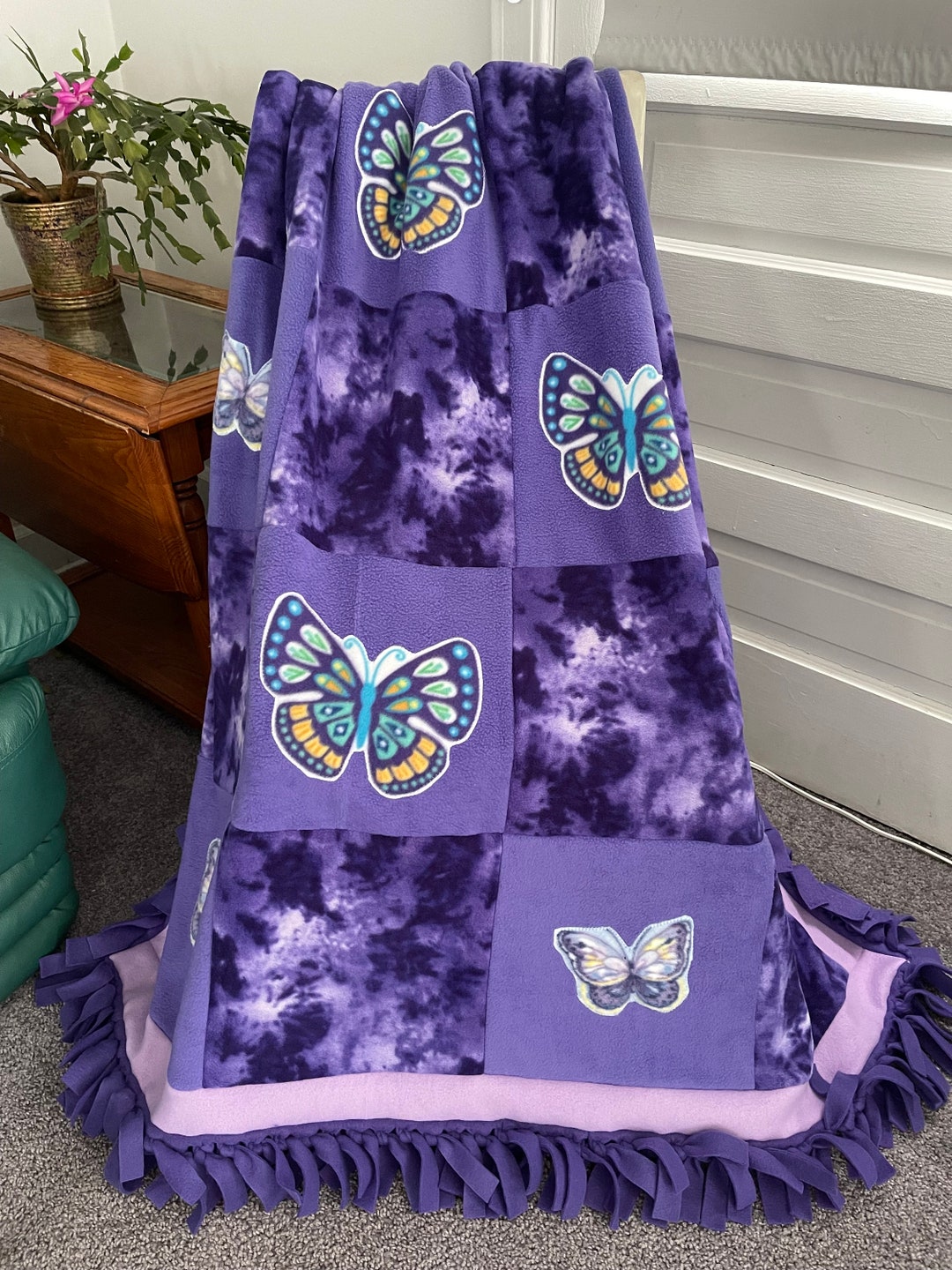 Butterfly embossed green fleece blanket main image 1