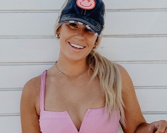 Hot Pink Lightning Happy Face (Black/Tan) Trucker Hat