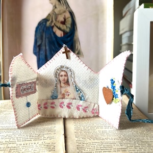 Virgin Mary pocket shrine - hand stitched and vintage assembled pocket shrine - diana d darden - Catholic art - Catholic gifts - mini shrine