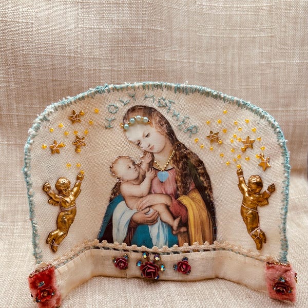hand stitched Virgin Mary shrine - home altar - Catholic gifts - religious decor - Virgin Mary icon - diana d darden - devotional art -