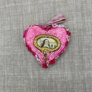 Beautiful Saint Therese of Lisieux beaded heart - hand stitched- beaded heart  - Catholic art - Catholic gifts - Catholic saint art - heart