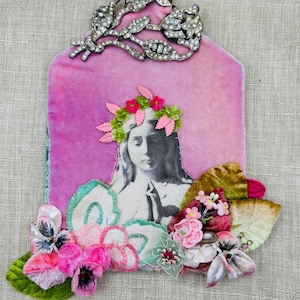 Handmade Virgin Mary wall art - diana d darden - Catholic gifts - Mary icon - Blessed Mother - hand stitched Holy Mother praying Mary shrine