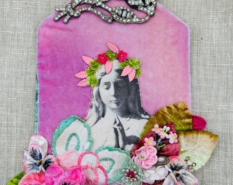 Handmade Virgin Mary wall art - diana d darden - Catholic gifts - Mary icon - Blessed Mother - hand stitched Holy Mother praying Mary shrine