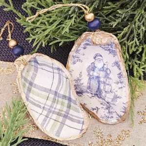 Ornement de Noël en coquillage, Père Noël en toile de Jouy, carreaux bleus, vin ou décoration cadeau