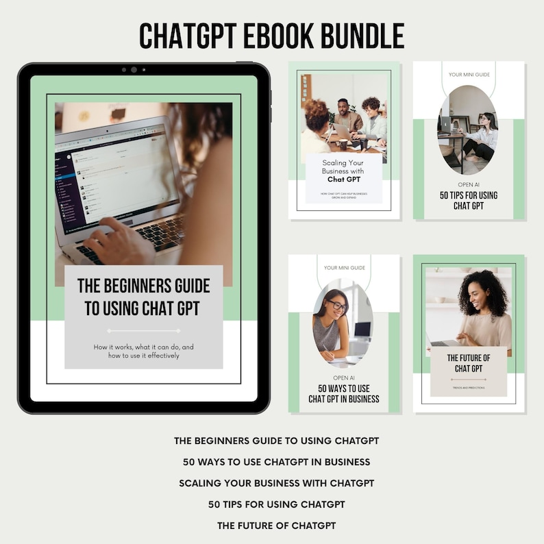 chatgpt prompts book bundle. chatGPT ebook bundle. Beginners guide to ChatGPT with 50 ways to use chatgpt in your business, how to scale your business with ai business tools, 50 tips for using chatgpt for business and the future of chatgpt