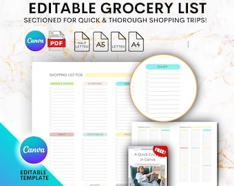 Grocery List Template Fully Editable Shopping List to Edit in Canva for digital household organisation Planner