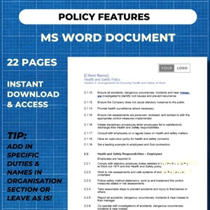 health and safety policy ms word document instant download and access.  add in specific duties and names in organisation section or leave as is. each page shows your company logo in the header.