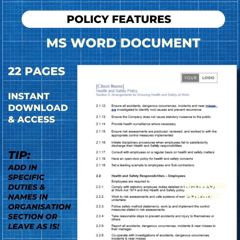 health and safety policy ms word document instant download and access.  add in specific duties and names in organisation section or leave as is. each page shows your company logo in the header.