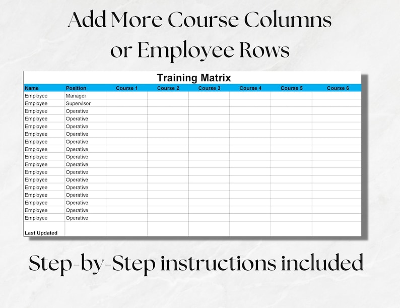 Step by step instructions included. Add more course columns or employee rows by following the instruction sheet. Image shows white blank training matrix