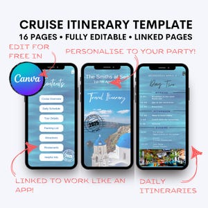 Cruise Itinerary Template. Editable Travel Itinerary Canva Template with Linked Pages