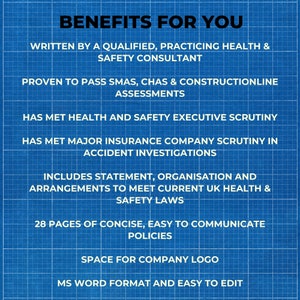 Benefits for you. written by a qualified practicing health and safety consultant. Proven to pass SMAS, CHAS and Constructionline assessments. Has met HSE Scrutiny. has met major insurance company scrutiny in accident investigations. easy to edit