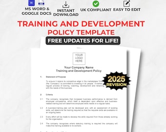 Company Training Policy Template to edit in MS Word & Google Docs. UK Compliant