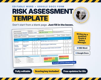 May include: An editable risk assessment template for Word and Google Docs. The document features a table with columns for hazards, potential harm, and control measures, plus a scoring methodology section and a color-coded risk rating matrix.