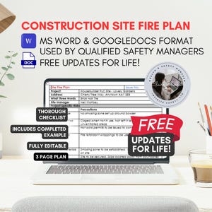 Pode incluir: Um ecrã de computador portátil que mostra um modelo de plano de incêndio para obras em formato de documento Microsoft Word. O modelo inclui uma lista de verificação, precauções e riscos específicos do projeto. O texto no ecrã diz "Plano de Incêndio para Obras", "Formato MS Word & Google Docs", "Utilizado por gestores de segurança qualificados", "Atualizações gratuitas para toda a vida!" e "Lista de verificação exaustiva", "Exemplo completo incluído", "Totalmente editável", "Plano de 3 páginas".