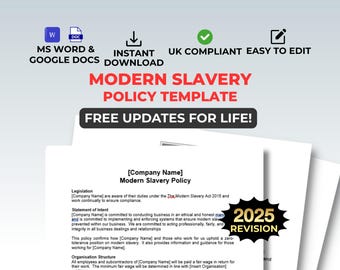 Modern Slavery Policy Template to edit in Word or Google Docs Instant Download HR Policy UK Compliant