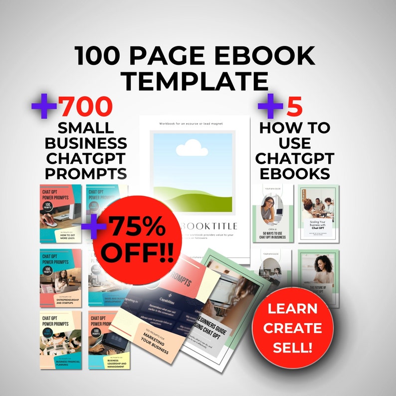 chatgpt prompts book bundle and workbook template.  100 page ebook template and chatgpt prompts for small businesses.  Includes 5 chatgpt beginner guides.  Bestseller ebook template and 700 small business chatgpt prompts.
