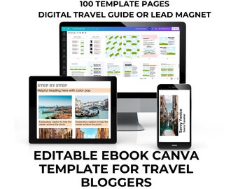 Editable eBook Canva Template for Travel Bloggers Lead Magnet or Digital Travel Guide.  Customizable Ebook Page Design Templates