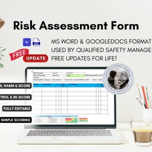 Peut inclure: Un écran d'ordinateur portable affichant un modèle de formulaire d'évaluation des risques. Le formulaire est intitulé "Formulaire d'évaluation des risques" et comprend des sections pour le danger, le préjudice et le score, ainsi que le contrôle et le nouveau score. Le formulaire est entièrement modifiable et utilise un système de notation simple. Le texte "Format MS Word & Google Docs" et "Utilisé par les gestionnaires de la sécurité qualifiés" est affiché à l'écran. Le texte "Mises à jour gratuites à vie !" est affiché dans une boîte rouge.