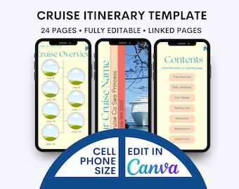 Cruise Itinerary Template. Editable Travel Itinerary Canva Template with Linked Pages