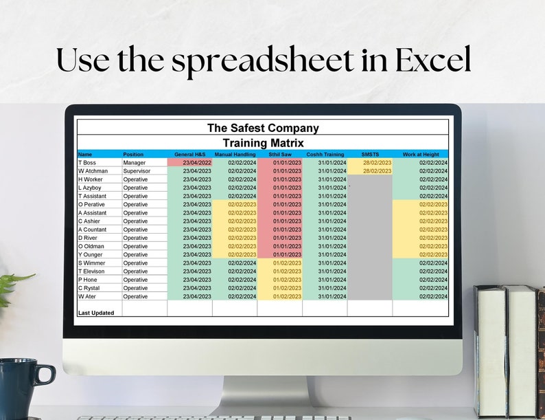 Update the spreadsheet in excel. Image shows spreadsheet with large, editable company name, centered on the top row with a smaller Training Matrix title, centered underneath. Image shows completed spreadsheet with colour coded cells.