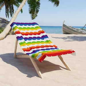 Beach Towel, Rainbow Scallop Pattern - Colorful Oversized Towel for Summer, Pool, Beach Trip, Vibrant Rainbow Design, Tropical Beach Blanket
