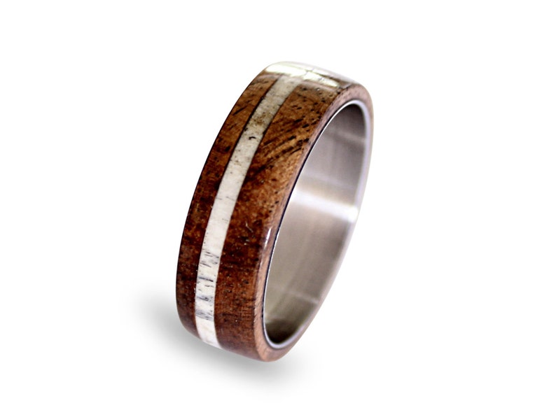 Deer Antler Ring Inlay Oak Wood And Antler Inlays Mens Titanium Band