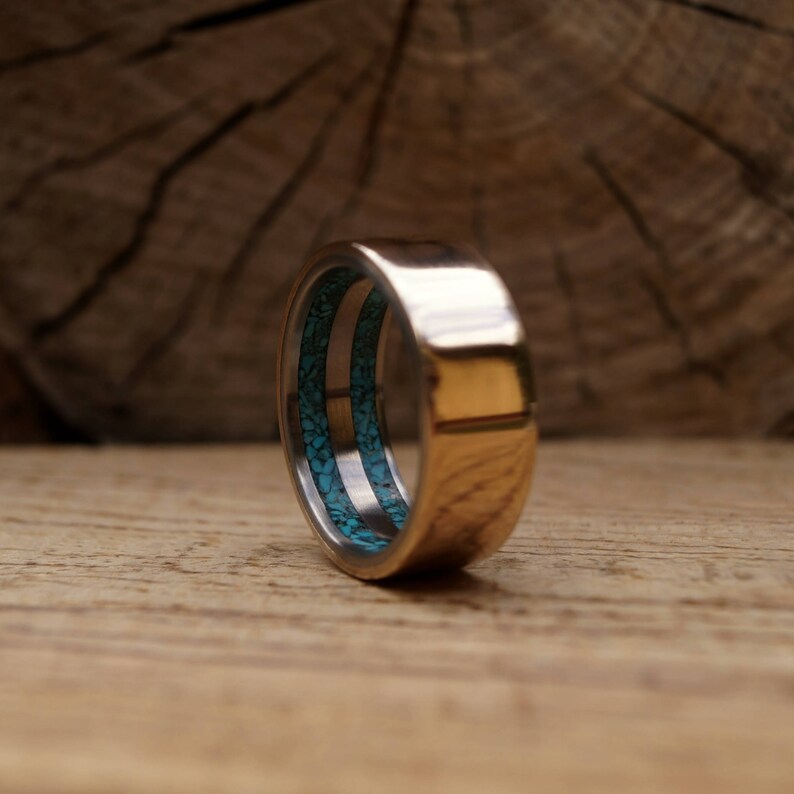 Unique Gift for Men Bronze Ring with Crushed Turquoise inner Titanium Mens Ring with Bronze inlaid with Turquoise in the inside