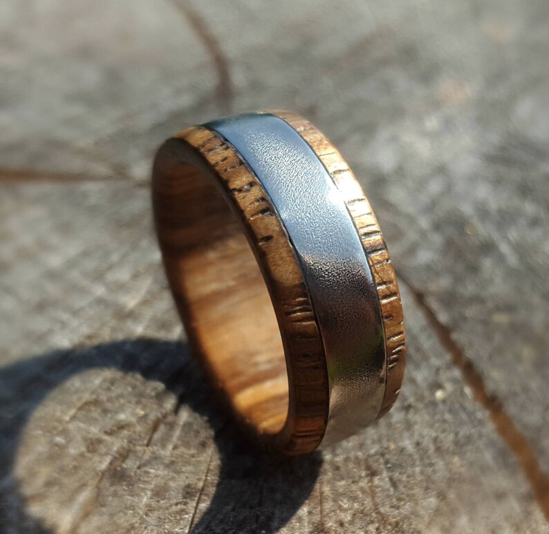 Sand Blasted Stainless Steel Ring with Bocote Wood