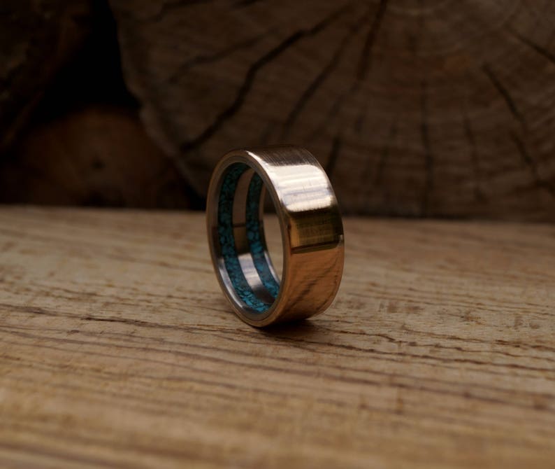 Unique Gift for Men Bronze Ring with Crushed Turquoise inner Titanium Mens Ring with Bronze inlaid with Turquoise in the inside