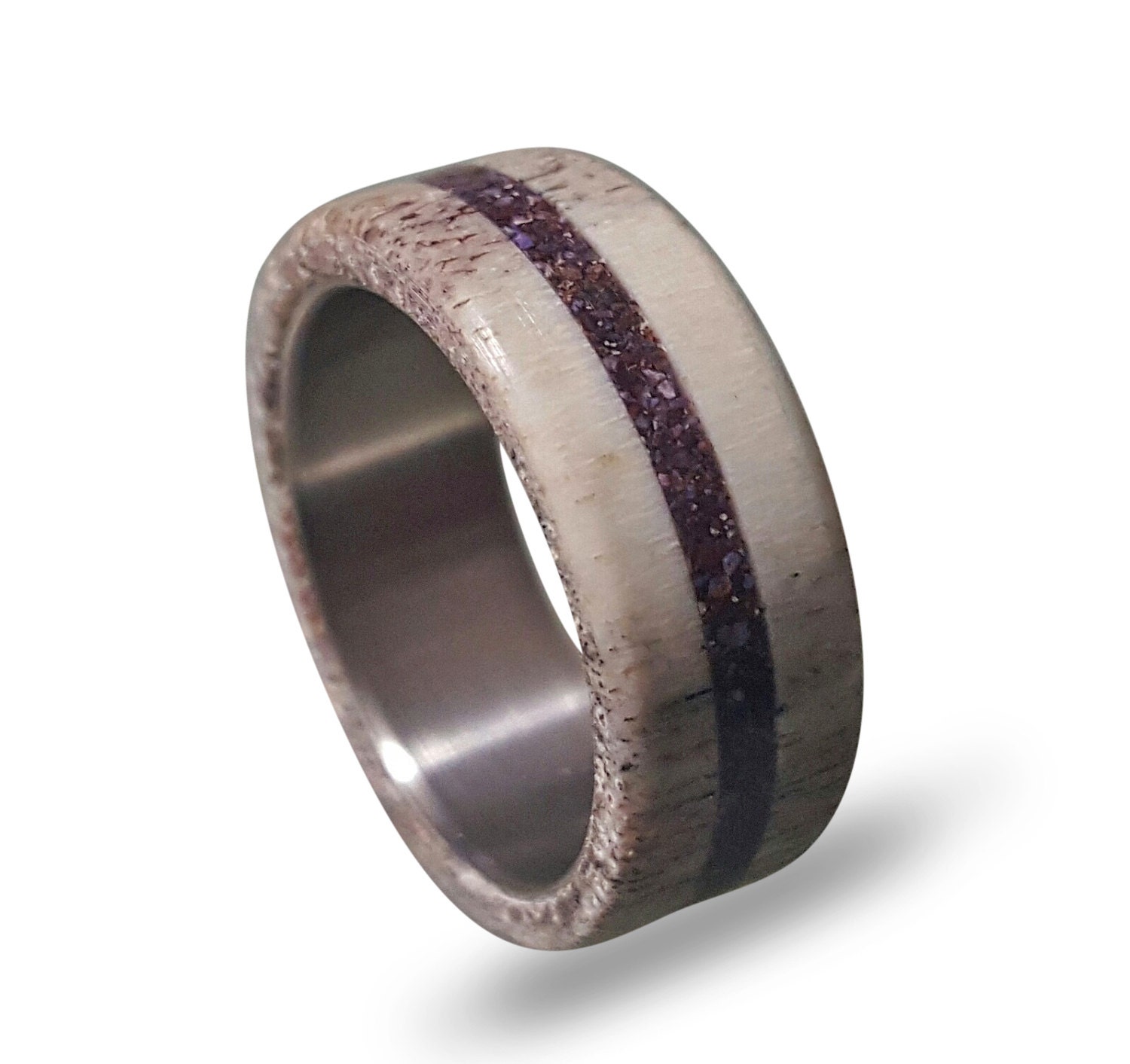 Deer Antler Wedding Band Antler Ring with Ametyst Inlay Etsy