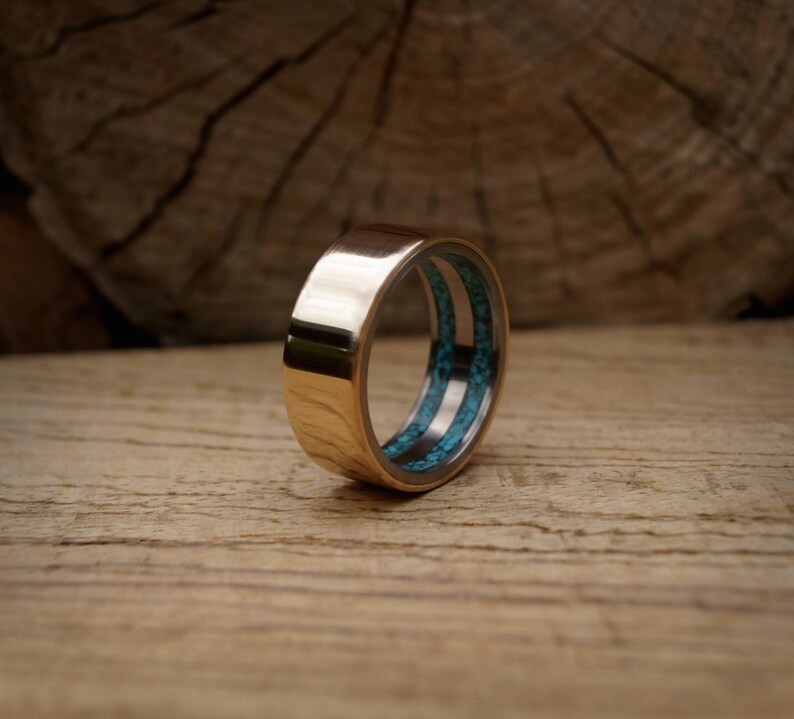 Unique Gift for Men Bronze Ring with Crushed Turquoise inner Titanium Mens Ring with Bronze inlaid with Turquoise in the inside