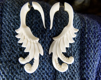 Bone White Hanger Earrings Fake Gauge -  Made for regular pierced ears White Earrings - Bone Earrings - Fake Gauged Carved Earrings *C028