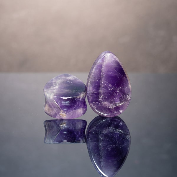 Amethyst Stone Teardrop Plugs - Double Flare Oval Plugs - one pair Ear Tear drop Plug Amethyst - stone plugs double flared - PH19