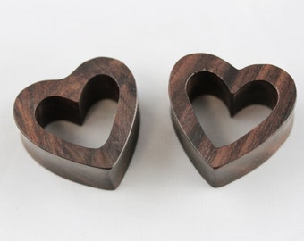 Heart wood tunnels - carved wood heart tunnel plugs for stretched ears - heart shaped gauge made from sono wood - one pair 6mm - 30mm - PA45