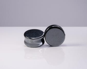 Hematite Stretch Plugs - Double Flair Hematite Stone Plugs (Pair) - Ph23