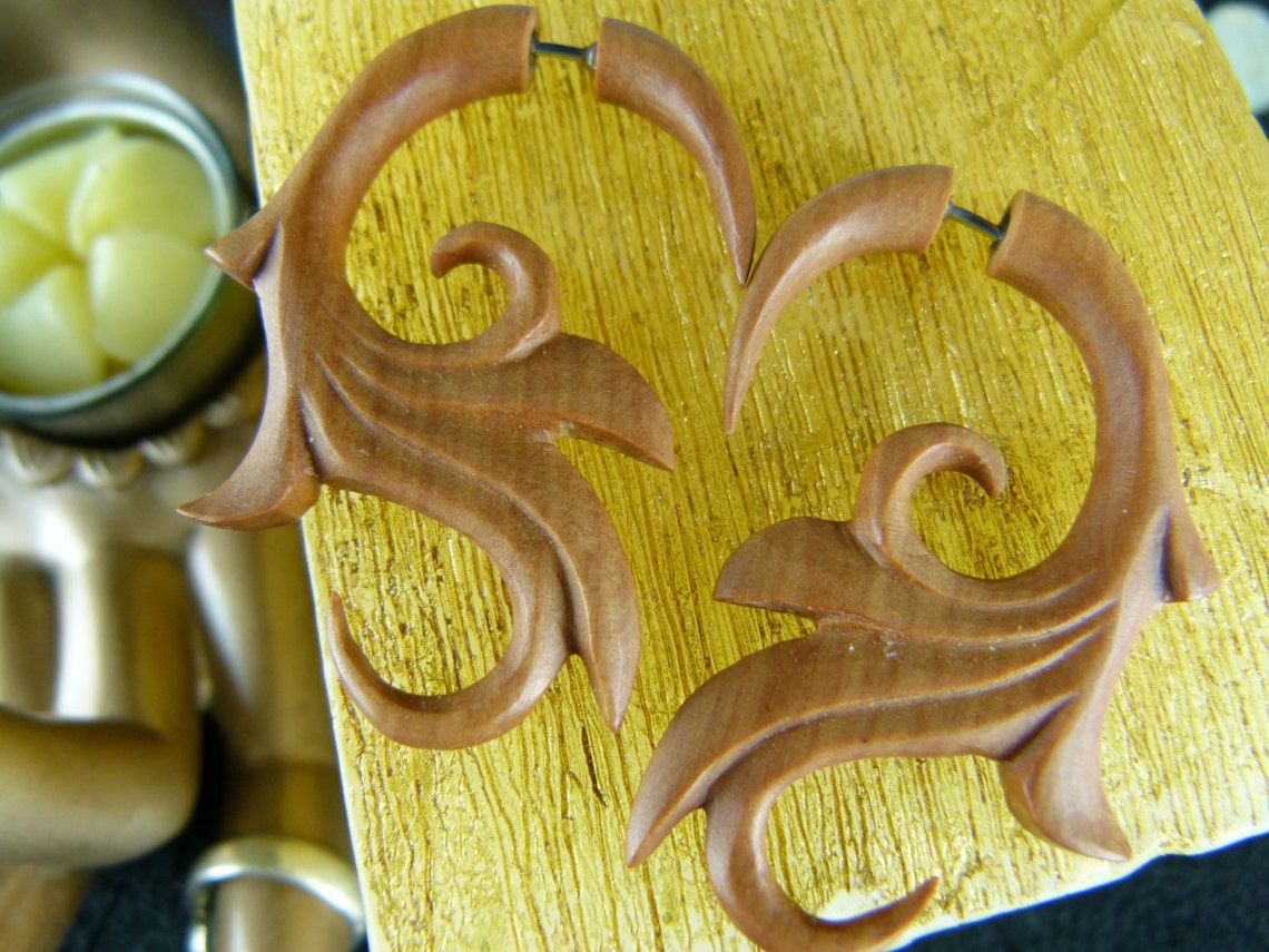 Fake Gauge Tribal Wooden Earrings Fake Gauged Taper Hanging Etsy