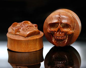 Carved Wooden Skull Plugs - Carved Sawo Wood Plugs (Pair) - Pa63