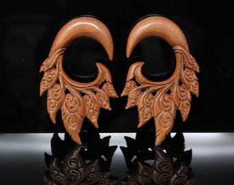 Mystic Leaves Wood Plugs - Carved Wood Plugs (Pair) - A062