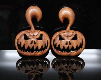 Carved Wood Pumpkin Hangers - Hand Carved Plugs (Pair) - A071