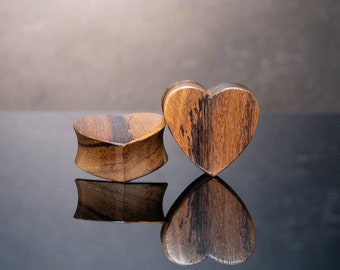 Heart wood plugs - carved wood heart plugs for stretched ears - heart shaped gauge made from sono wood - one pair - 6mm - 30mm - PA43