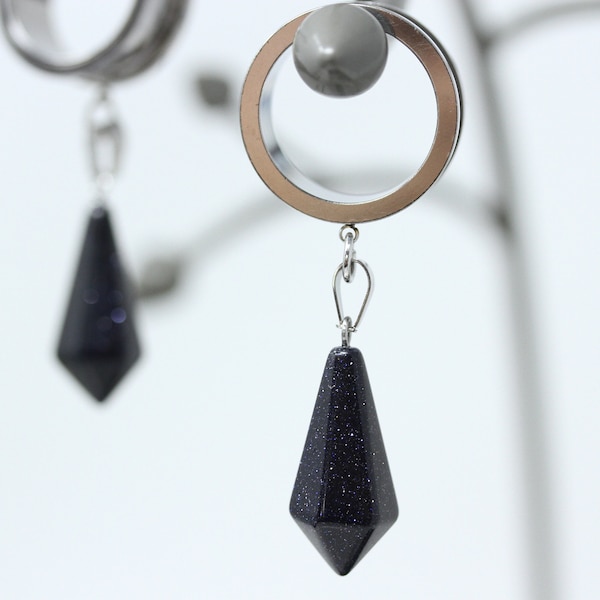 Blue Goldstone Pendulum Stainless Steel Danglers - Screw on Tunnel (Pair) - TF010