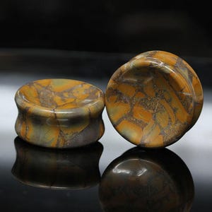 May include: A pair of circular ear plugs crafted from polished stone featuring a warm color palette of golden yellow, ochre, and deep brown with a distinct webbed or cracked pattern throughout the smooth, concave surface of each piece.