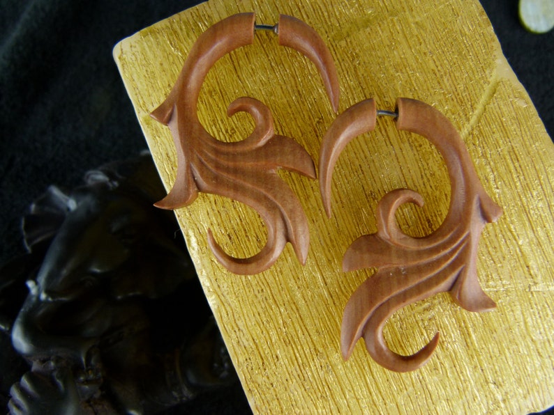 Fake Gauge Tribal Wooden Earrings Fake Gauged Taper Hanging Etsy