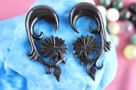 1 2 Gauge Black Lotus Earrings 13mm Gauge Lotus Earring Stretch