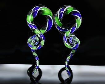 Blue | Green Glass Twisting Hanger Plugs (Pair) - G069