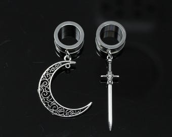 Moon And Sword Danglers - Screw On Tunnel (Pair) - Tf069