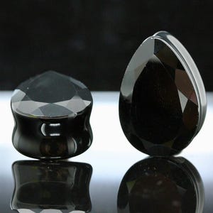 May include: A pair of black ear plugs with a teardrop shape and faceted surfaces. One plug is positioned horizontally showing the flared sides, while the other is standing vertically to display the pointed top and the reflective, polished finish.