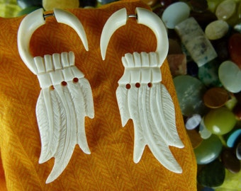 Fake Gauge White Four Feather Bone Earrings -  Bone earrings - Unique fake gauge feather Bone earring - Handcrafted white earring C029