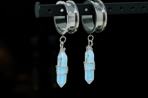 Opalite Wand Stainless Steel Danglers - Screw on Tunnel (Pair) - TF009